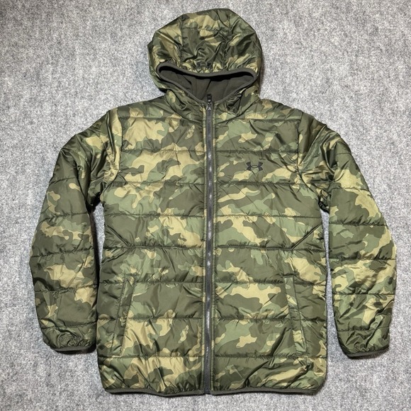 Under Armour Other - Under Armour Storm Jacket Youth L Green Camo Hooded Puffer Full Zip Reversible